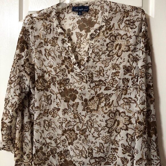 Susan Graver Blouse for Women Size XL Cream with Brown Floral and Gold Shimmer - Picture 2 of 9